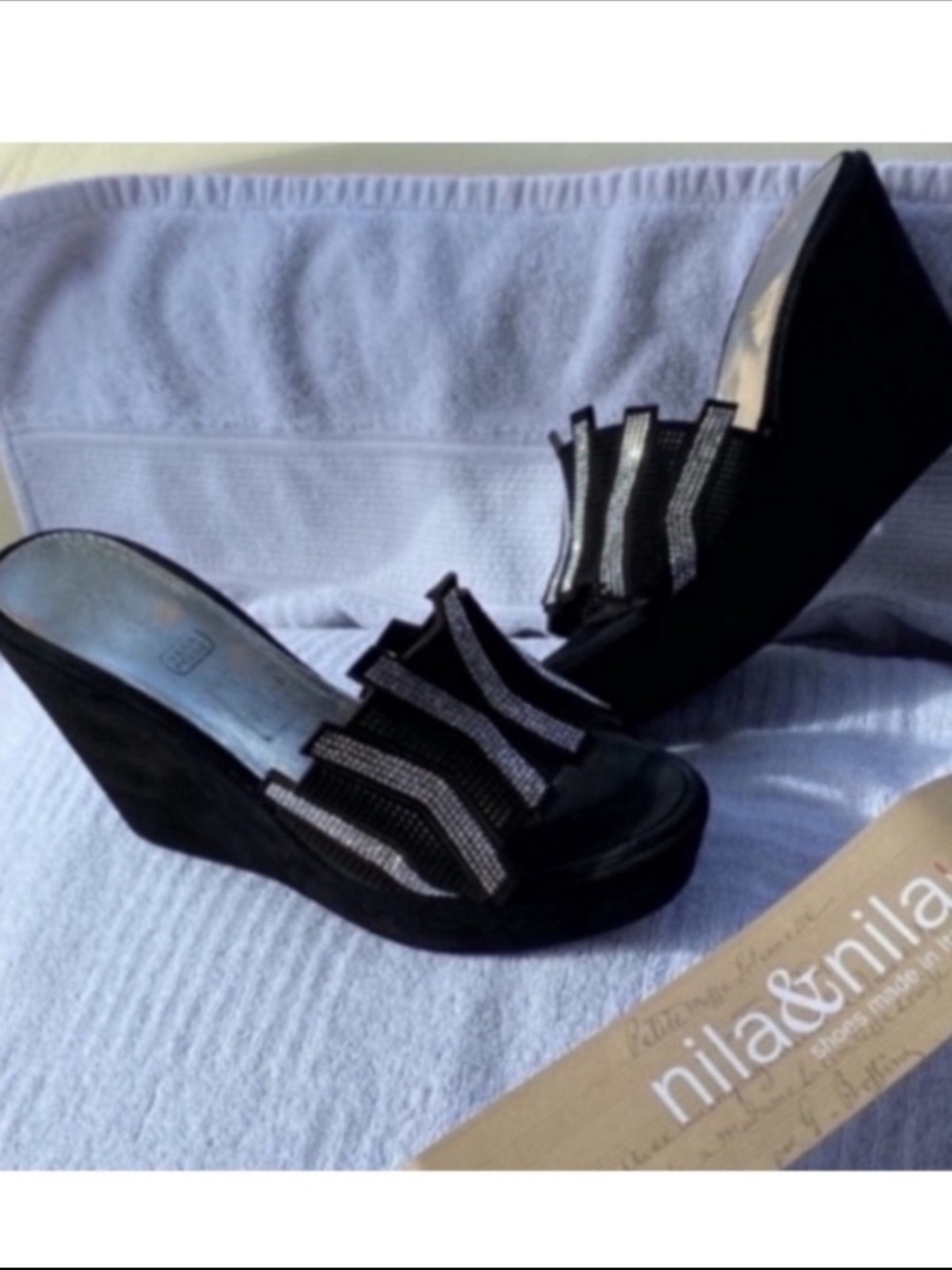 Black luxury suede and leather wedge sandals made in Italy 🇮🇹